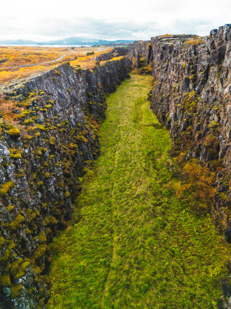 Aerial view of Thingvellir National Park - famous area in Iceland right on the spot where the Atlantic tectonic plates meets. UNESCO World Heritage Site, western Iceland, and site of the Althing. High quality photo