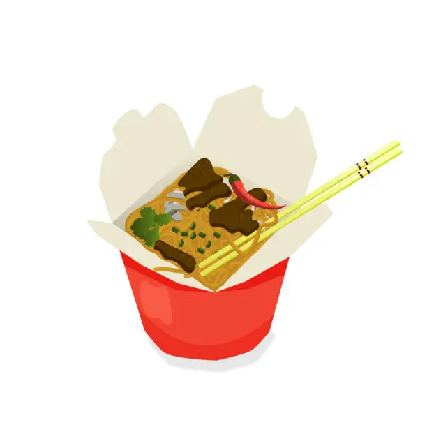 Vector illustration of Takeaway carton wok box noodles with salmon fish. Takeout food package with noodle. Cartoon vector illustration of traditional Asian, Chinese, Thai dish.