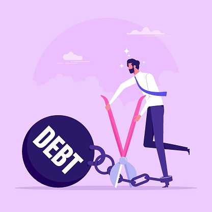 Businessman breaking chain of debt burden ball. Person breaking shackles of credits and loans flat vector illustration. Financial freedom, mortgage concept