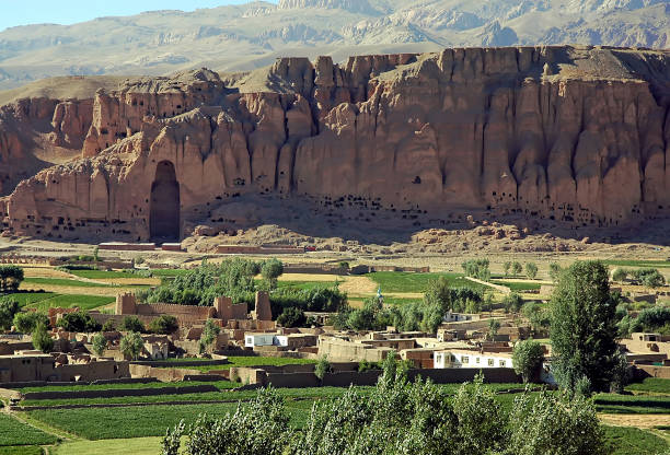 Bamyan (Bamiyan) in Afghanistan showing the large Buddha niche in the cliff stock photo