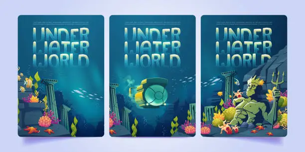 Vector illustration of Underwater world with submarine, ruins, statue