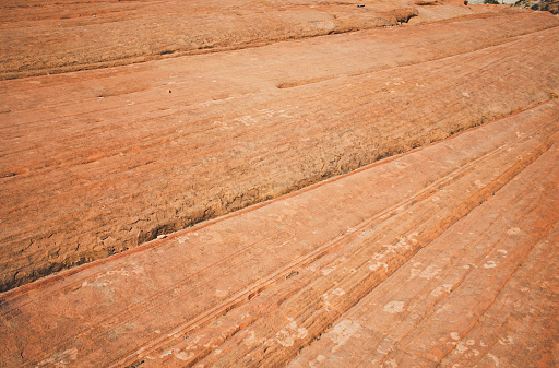 Massive, tall red sandstone rock formations in the Garden of the Gods of Colorado Springs, Colorado in western USA of North America.