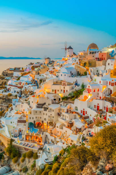 Oia village at night, Santorini lights of Oia village at blue night lose up, Santorini Greece, toned santorin stock pictures, royalty-free photos & images