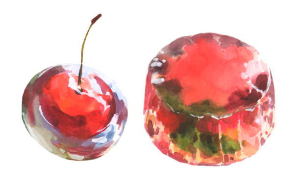 Watercolor japanese desert cherry jelly, isolate on white background. Watercolor japanese desert cherry jelly, isolate on white background. For menu desing. mochi cherry blossom cake stock illustrations