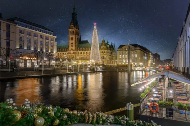 Advent and Christmas in Hamburg. Rathaus, Christmas market, the decorated citycenter and a christmas tree. Festive atmosphere in Hamburg before the New Year. City Hall and Christmas tree.