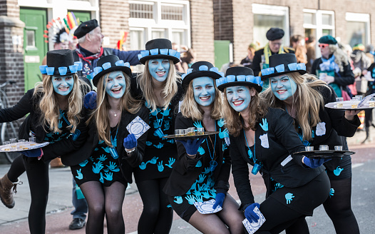 A group of six young women dressed up as waitresses 'Carnival' style for the 2015 parade in Zwolle, the Netherlands