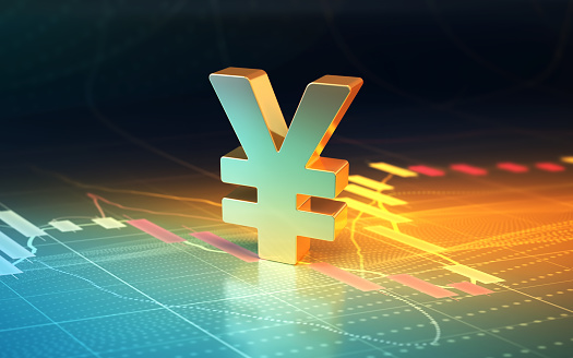 3d render Japanese Yen Sign Sitting on Blue Yellow Financial Stock Exchange Chart Background (Depth of field)
