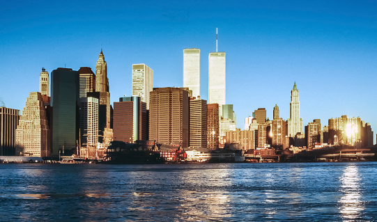 New York, USA - September 30, 1996: Lower mahattan and  World Trade Center in New York City, America.  the WTC was destroyed by 911 from terrorists.