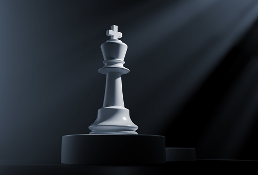 Chess King White with Light Rays On Dark Background - 3D Illustration Render