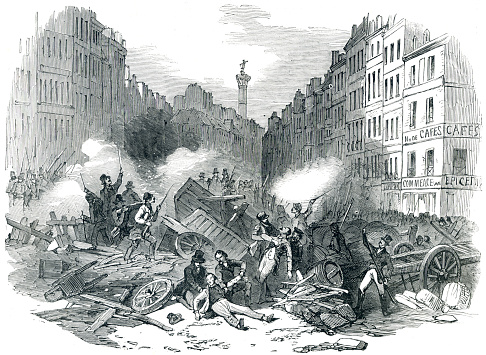 The barricade Saint-Antoine was monstrous - three stories high. It blocked off the entrance to the suburb consisting of three streets. Place during the French Revolution in 19th century France.