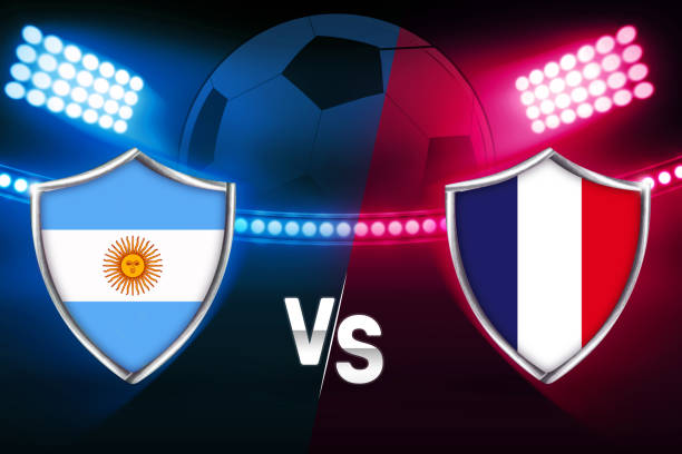 argentinien vs frankreich fußballspiel meisterschaft hintergrund mit stadion und licht. kulisse für das fußballspielkonzept - argentina qatar stock-grafiken, -clipart, -cartoons und -symbole