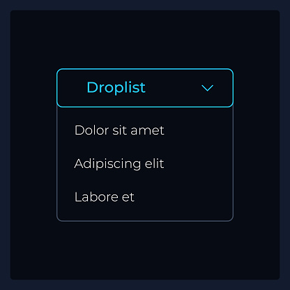 Activated dropdown list UI element template. Editable isolated vector dashboard component. Flat user interface. Visual data presentation. Web design widget for mobile application with dark theme