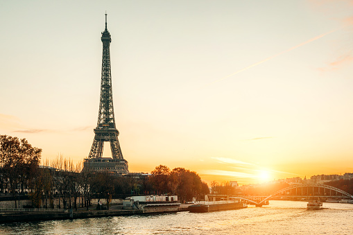 Sunset view to Eiffel Tower at Dawn, Paris, France