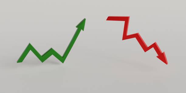 istock Realistic set with red and green arrows 3d for marketing design. 3d render illustration. Business concept. 3d realistic arrow up and arrow down. Growth chart sign. 3d growth business icon. Color background. Cartoon icon. 1449122944