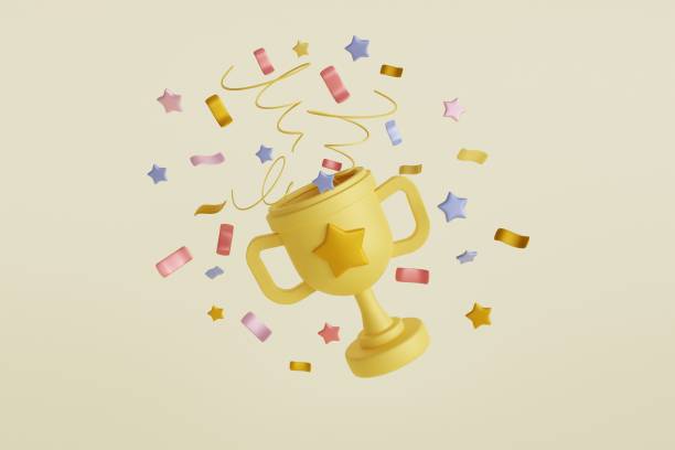 istock Modern 3d icon with gold winner cup with confetti for decorative design. Champion trophy, gold cup. Business cartoon icon. Festival, competition. Gold winner prize. 1449123140