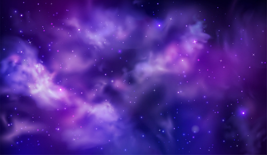 Purple night sky. Space universe, magic clouds. Cosmic night nebula, pink and blue cosmos, dark lights. Midnight heaven realistic panorama with stars. Celestial backdrop vector texture exact wallpaper