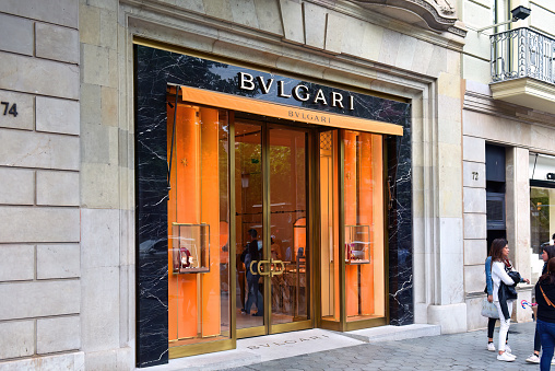 Barcelona, Spain - May 5, 2018: Bulgari, branded as BVLGARI, store on Passeig de Gracia, is an Italian luxury fashion house known  for its jewellery, watches, fragrances, accessories, and leather goods. It was founded in 1884 and is headquartered in Rome, Italy