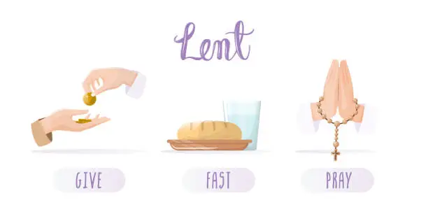 Vector illustration of Lent season concepts set. Almsgiving, fasting and prayer