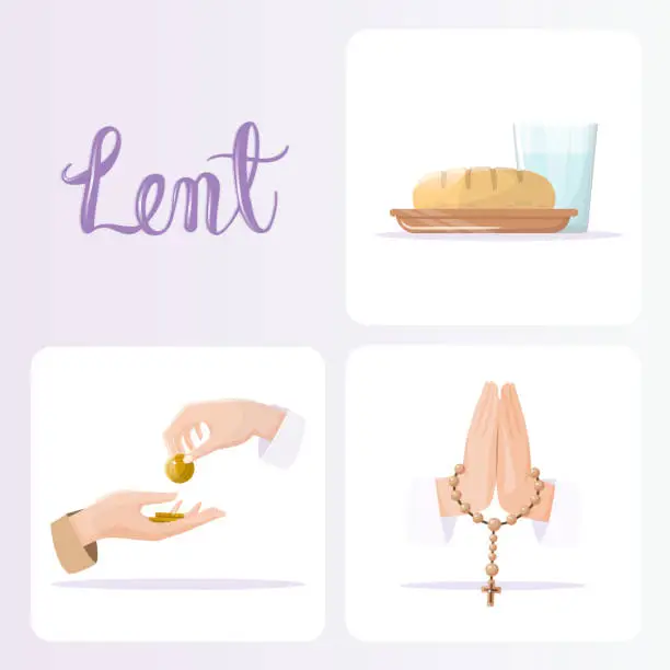 Vector illustration of Lent season concepts set. Fasting, almsgiving and prayer