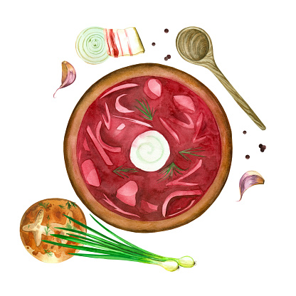 Borsch. Plate with borscht, garlic donut, lard, spoon, garlic, green onion and pepper on a white background. All elements are hand-drawn in watercolor on a white background. For menu, books, printing