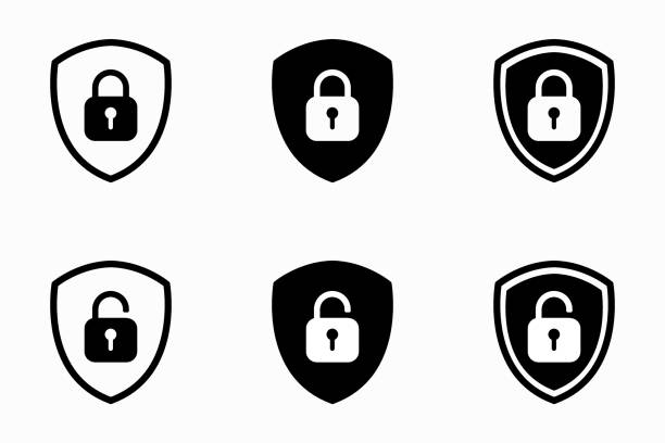 stockillustraties, clipart, cartoons en iconen met set of shield lock and unlock icon. symbol padlock. vector sign illustration. - lock