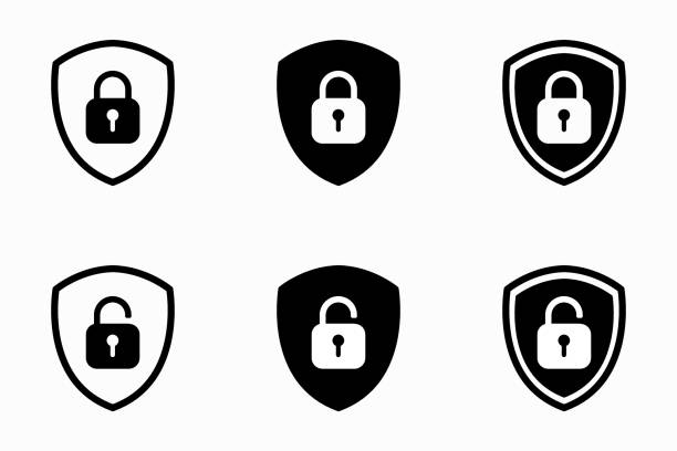 zestaw blokady tarczy i ikony odblokowania. kłódka z symbolami. ilustracja ze znakiem wektorowym. - keyhole key lock padlock stock illustrations