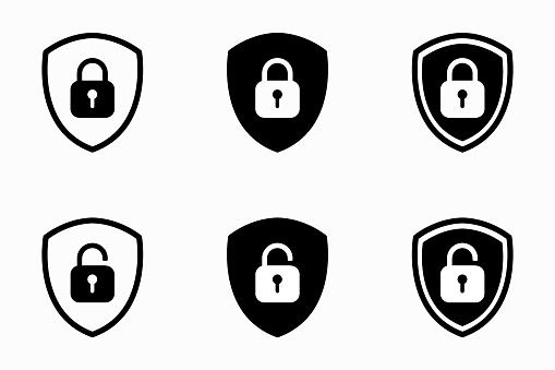 Set of Shield Lock and Unlock Icon. Symbol padlock. Vector sign Illustration.
