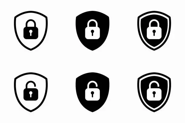 Vector illustration of Set of Shield Lock and Unlock Icon. Symbol padlock. Vector sign Illustration.
