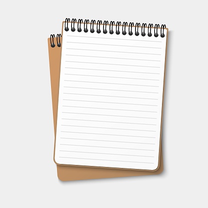 A notebook with a horizontal spring coil lies on top of another notebook. Notepad with a lined white sheet. Vector illustration isolated on white background