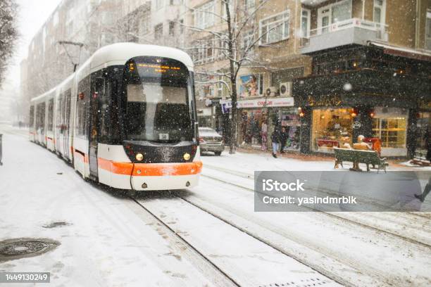 Heavy Snowfall On The Tram Passing In Eskişehir İsmet İnönü Avenue Stock Photo - Download Image Now