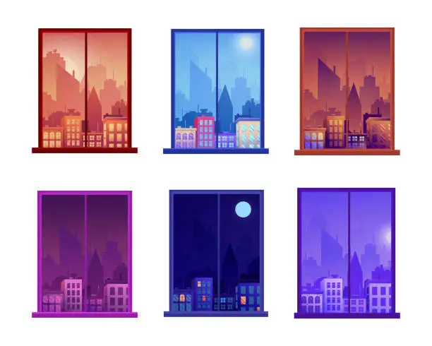 Vector illustration of Day and night city window. Morning and evening. Afternoon time room view. Sky outside of house or home. Downtown buildings. Midnight urban scenery. Vector illustration recent landscapes set