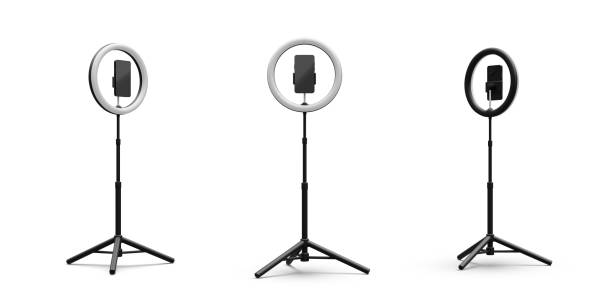 istock Set of 3d realistic phone on tripod with light bulb. Live stream concept. Vector illustration 1449131508
