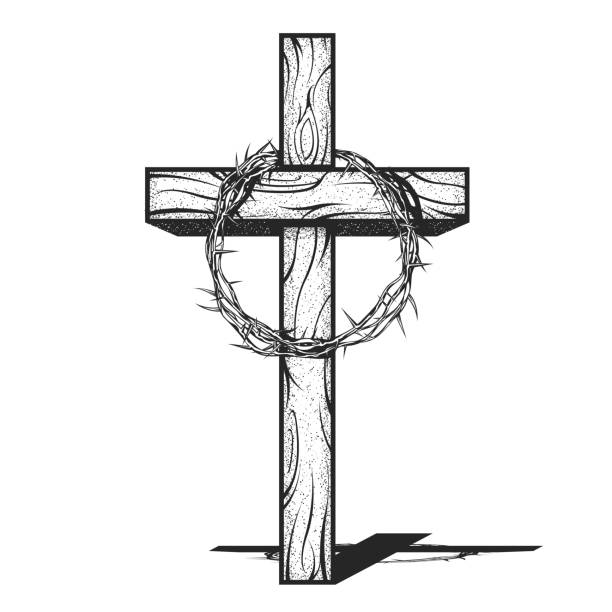 Crown of thorns of Jesus Christ on cross, crucifixion thorn or prickly wreath, religious symbol of Christianity, vector Crown of thorns of Jesus Christ on cross, crucifixion thorn or prickly wreath, religious symbol of Christianity, vector rood stock illustrations