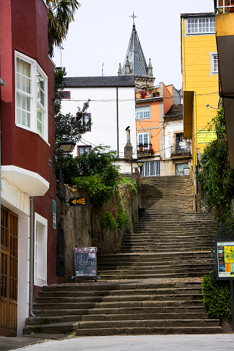 Large stone staircase in Sarria village, Lugo province, Galicia, Spain. Camino de Santiago, Camino francés.