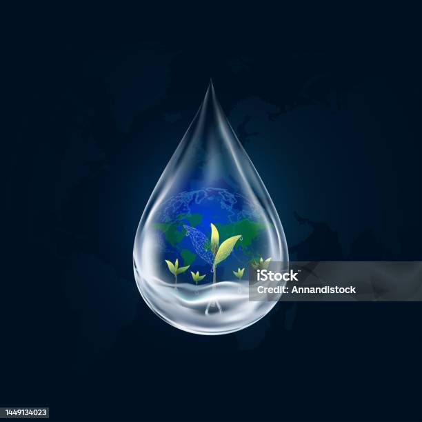 Vetores de Fundo Do Dia Mundial Da Água Com Queda De Água 3d Com Planta Em Crescimento Sob Água Limpa No Fundo Do Mapa Mundial Do Globo Bandeira Do Vetor Única Transparência Gota De Chuva Com Árvore Jovem Para Conceito Feliz Dia Da Terra e mais imagens de Dia mundial da água