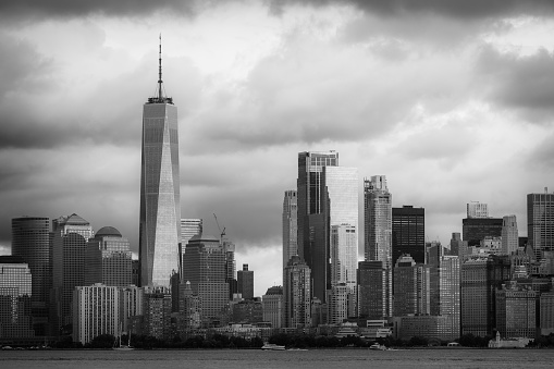 The financial district with the One Trade Centre in black and white.