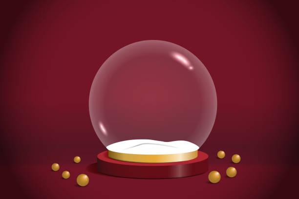 istock Red and golden glass snowball podium stand with transparent sphere on a red background. 1449134983