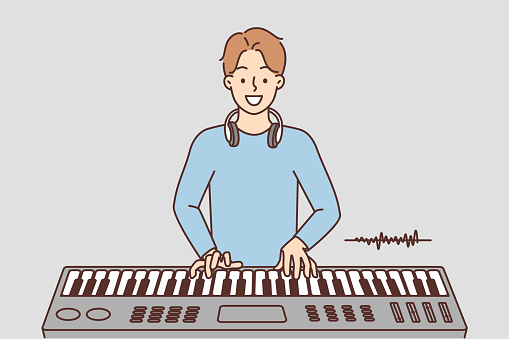 Happy young man playing on synthesizer. Smiling guy in headphones enjoy music preform using musical instrument. Hobby and entertainment. Vector illustration.