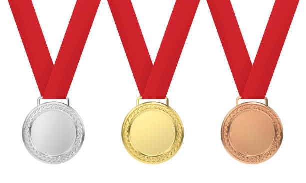conjunto de ouro, medalhas de prata e bronze - silver medal medal silver isolated - fotografias e filmes do acervo