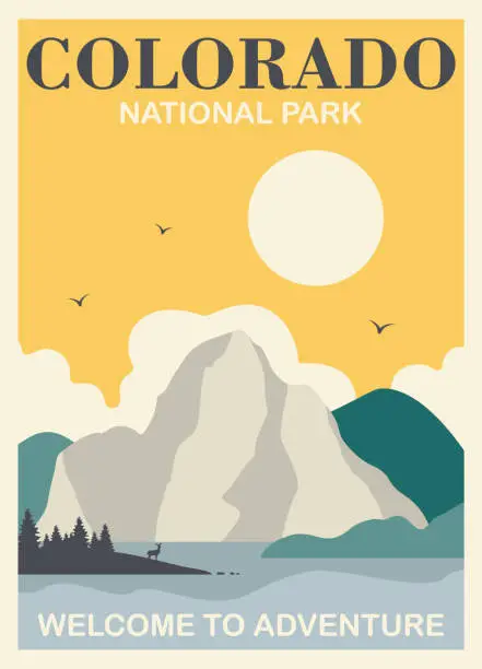 Vector illustration of National park poster illustration, Colorado wild landscape.