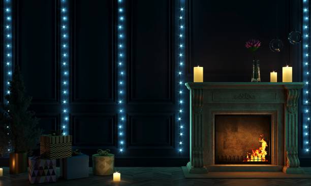 istock Classic Christmas fireplace in the night room 1449136389