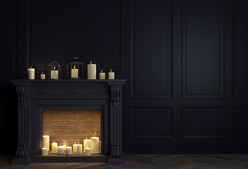 3d illustration. Classic fireplace in a vintage night room. Romatic background or wallpaper