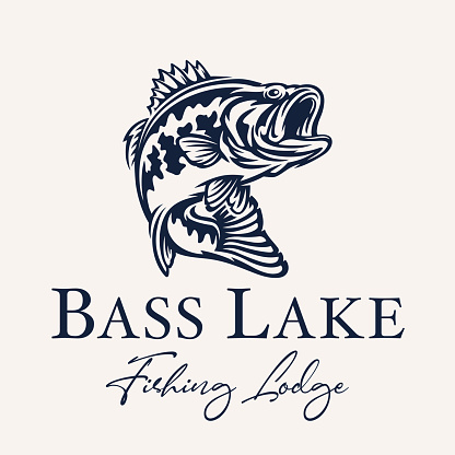 Bass lake fishing icon design. Largemouth Bass jumping symbol. Freshwater fish angling emblem. Vector illustration.