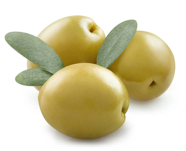 istock Delicious green olives with leaves on white 1449139100