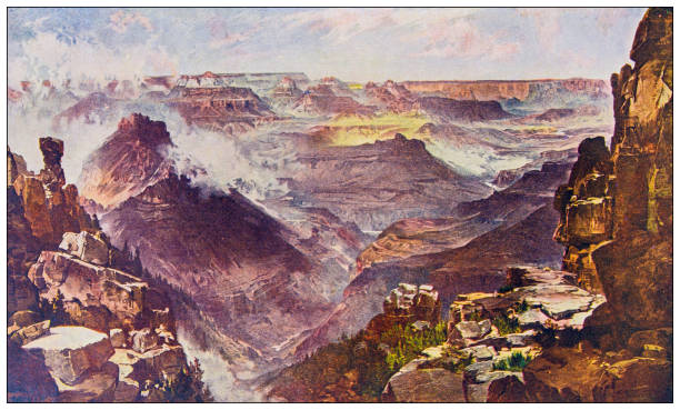 illustrazioni stock, clip art, cartoni animati e icone di tendenza di immagine antica a colori della natura: grand canyon - old fashioned scenics engraving river