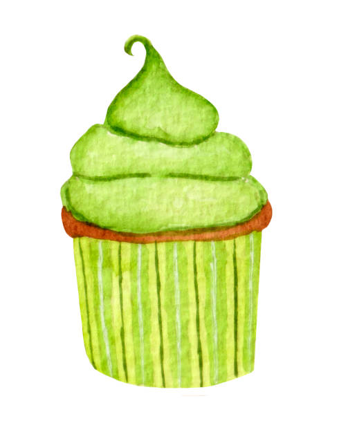 Watercolor food illustration, bright green cupcake isolated on a white background. Festive element for various products, birthday party, Saint Patrick Day, cards etc. irish birthday blessing stock illustrations