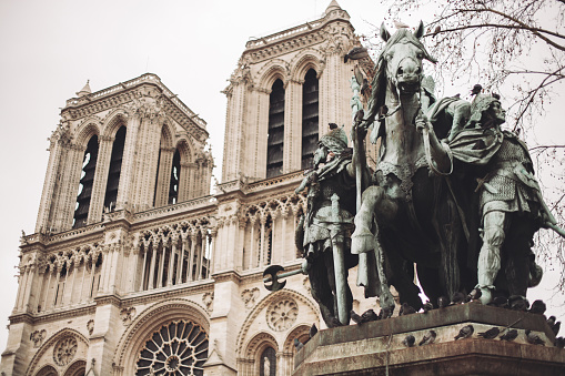 Paris, France, Notre Dame de Paris facade, close-up sculpture