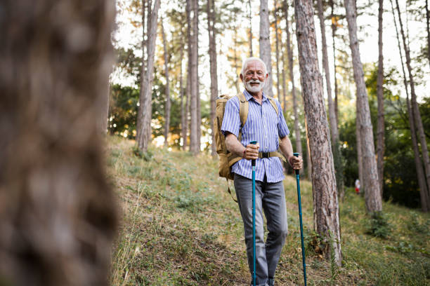 istock Senior man using hiking poles on a hike 1449142422