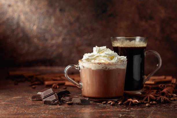istock Hot chocolate with whipped cream and black coffee. 1449142960