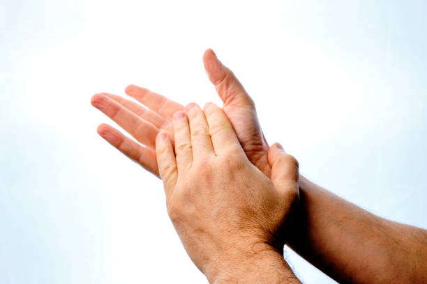Man's hands clapping hands, on white background.